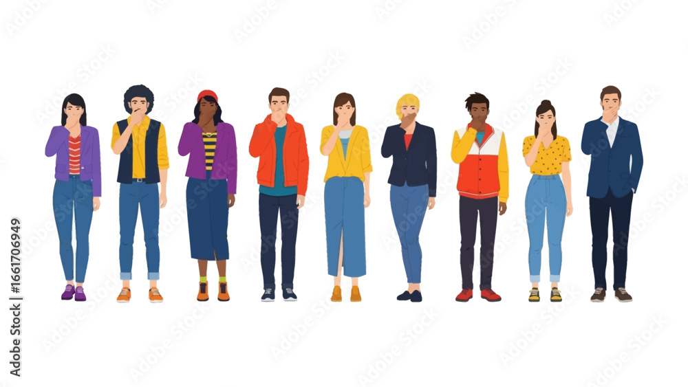 Obraz premium Unified Spectrum of Voices: A diverse ensemble of individuals, united in a call, represent the power of collective action. Their posture reflects solidarity and the resonance of a unified call. 