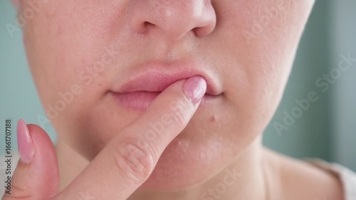 The woman made lip augmentation. The gel went beyond the lip. Migration of the filler into the circular muscle of the mouth
