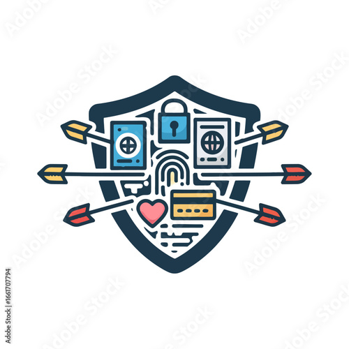 Vector icon of a data protection shield defending private information, financial identity, and biometrics from online cyber attack threats.