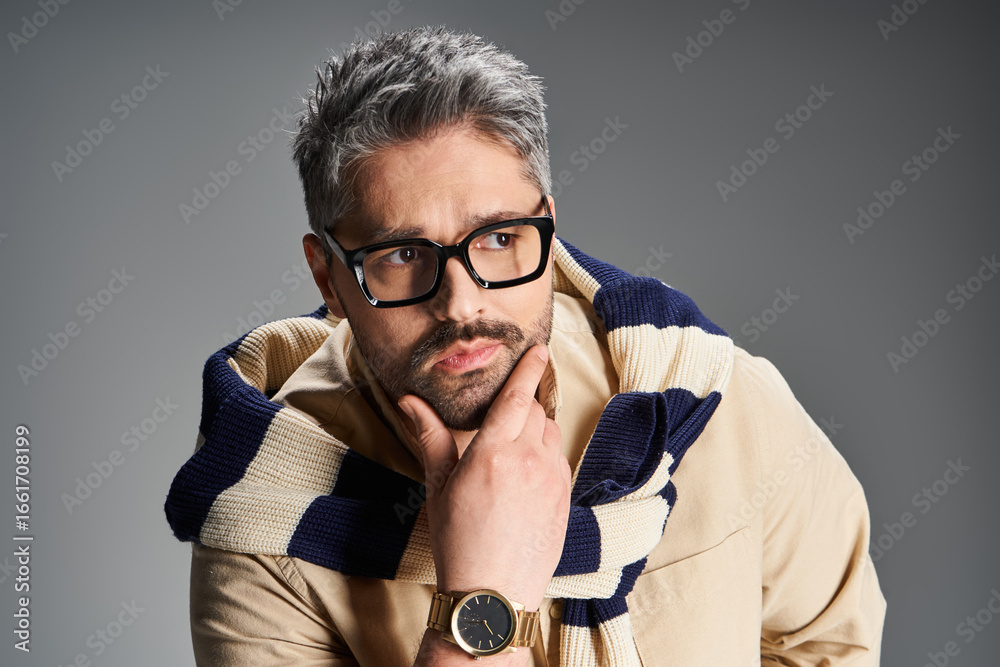 Fototapeta premium Stylish man in glasses showcases modern elegance in a studio setting
