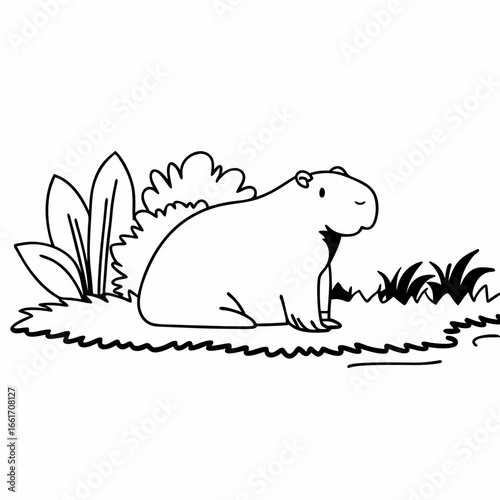 Cartoon capybara sitting calmly on grass beside bushes and plants  