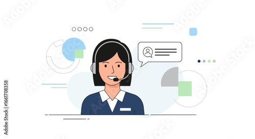 Friendly female customer support operator wearing headset and assisting with communication in a simple, bright illustration