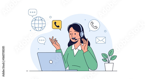 Smiling woman providing remote client support with headset and laptop, customer service representative