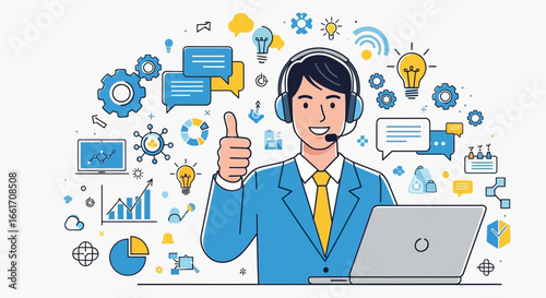 Smiling call center agent giving thumbs up with icons symbolizing assistance and support