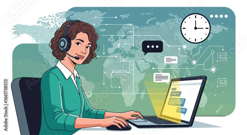 Friendly female call center agent providing online customer support assistance using laptop, global connection