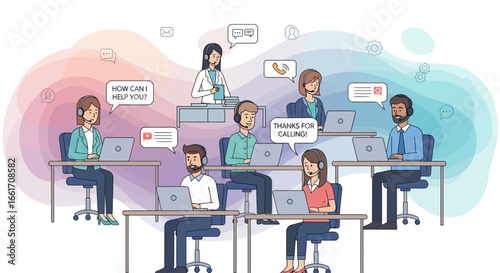 Diverse customer service team answering calls in a light, modern call center illustration.