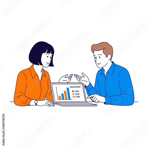 Business Strategy: An animated scene depicts two colleagues collaborating around a laptop screen, immersed in analyzing sales data, as they strive for financial gains.
