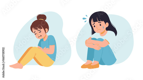 Sadness in Pairs: Two young girls sit, depicting the weight of sorrow. Their downcast eyes and posture portray a touching moment of grief and solitude.
