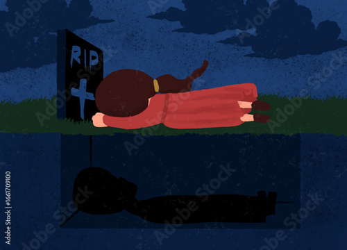 Mourning at the Grave: A deeply felt depiction of grief unfolds under the moonlit sky, as a figure rests by a tombstone, expressing the raw emotion of loss and remembrance.