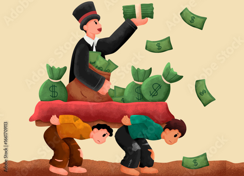 Wealth disparity: A poignant illustration depicting the stark contrast between opulent wealth and abject poverty, symbolizing the burdens of inequality and the weight of economic disparities.