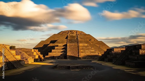 Ancient Mesoamerican pyramid in Teotihuacan with a dramatic long exposure sky during a golden sunset, a famous archaeological landmark