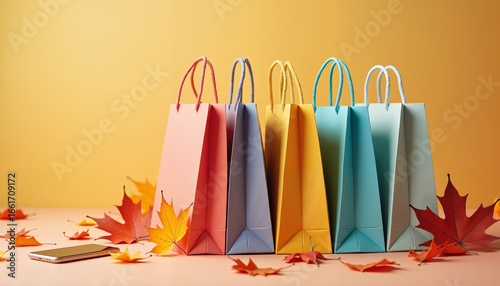 Colorful shopping bags on autumn leaves with orange background  