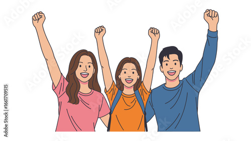 Collective Cheer: A vibrant illustration of three happy individuals celebrating a shared success or joyful moment. Capturing the spirit of unity and elation