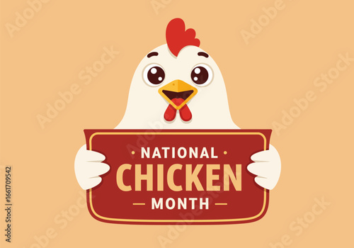 Chicken holding sign, national chicken month, flat vector design illustration