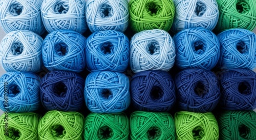 organized balls of green and blue yarn, background pattern, knitting and crafting graphic
