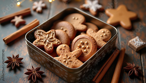 Assorted gingerbread cookies in festive tin on wooden table  