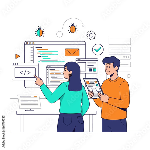 Tech Wizards at Work: Two tech-savvy individuals collaborate, immersed in the digital realm of coding and software development, their focused interaction highlighted by digital elements.