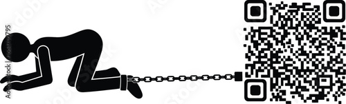Silhouette figure chained to a QR code, symbolizing digital captivity or connection