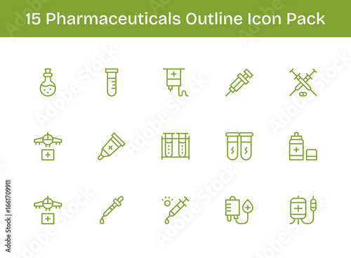 Pharmaceuticals Icon Set - 15 Outline Graphics