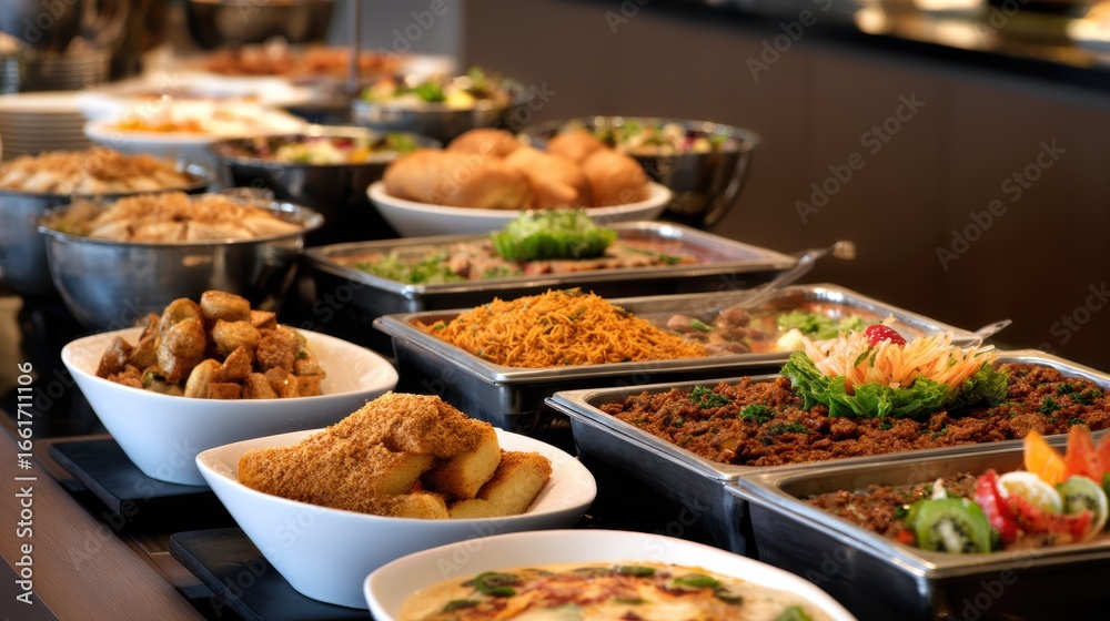 Obraz premium A vibrant buffet spread featuring various delicious dishes, salads, and appetizers in a modern dining setting