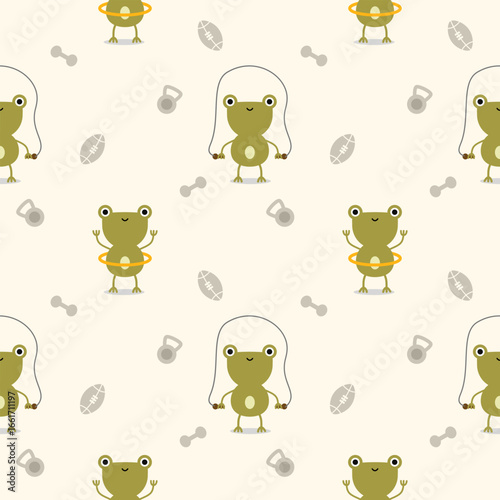 Frog exercise cartoon so cute. On dumbbell rugby ball background. Pattern seamless vector illustration. 