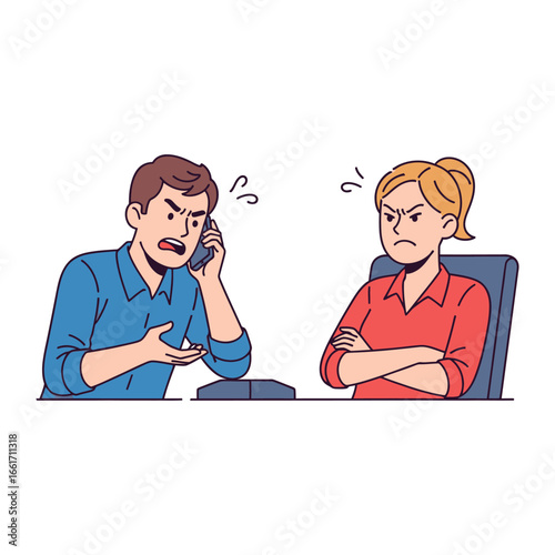 Animated Office Conflict: A depiction of office conflict shows a man on the phone, his face contorted in frustration, while a woman behind the desk stares at him with anger.
