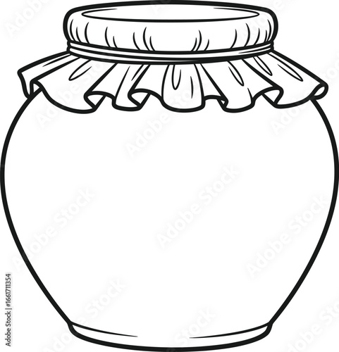 Simple outline drawing of a jar with a fabric lid, perfect for homemade preserves or crafts.