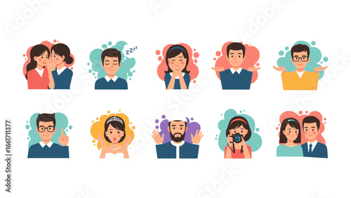 People in diverse emotions: A collection of character portraits showcases individuals with varying emotions. Every illustration captures a unique expression.