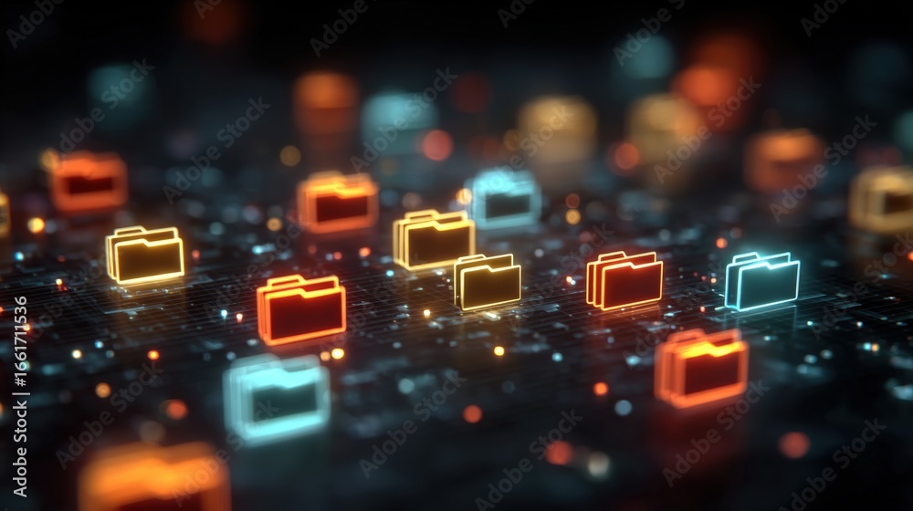 Fototapeta premium Abstract network grid with files and folders, futuristic software interface, digital document management system, store, search and organize documents, corporate business, paperless office 