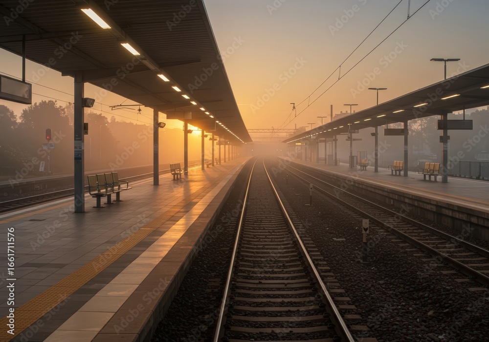 Fototapeta premium Misty Sunrise at the Train Station Platform