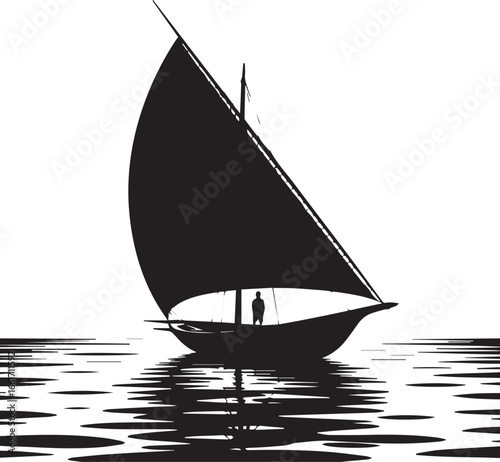 Silhouette of a sailboat with a lone figure on a calm sea