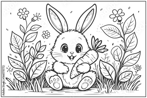an adorable cartoon bunny line art illustration
