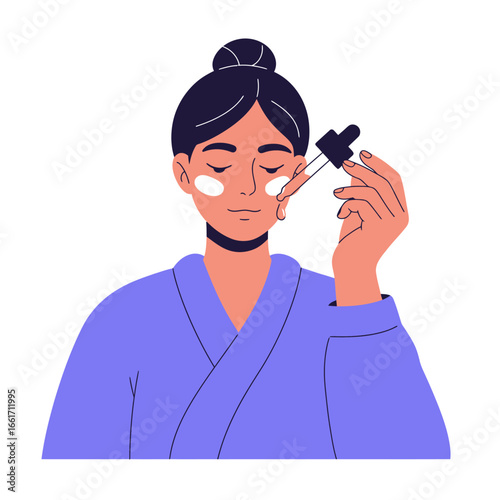 A calm woman in a purple robe meticulously applies a facial serum to her face with a dropper, embracing a moment of self-care and her daily beauty routine.