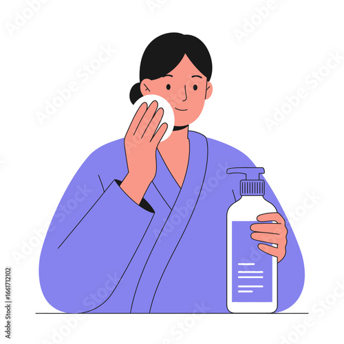 A woman in a purple robe is performing her daily skincare routine, using a cotton pad to apply a cosmetic product from a bottle to her face.
