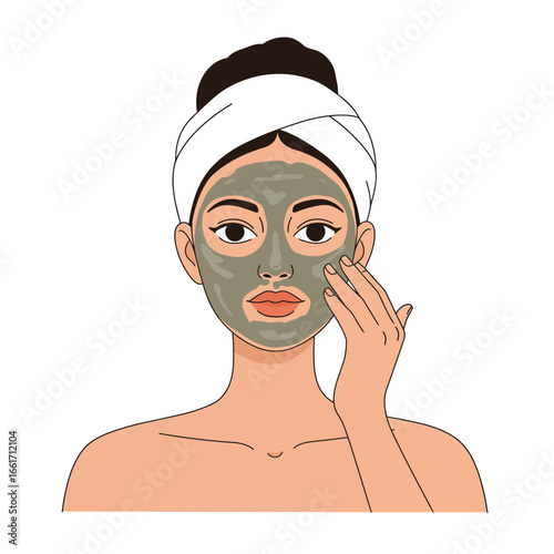 An illustration depicts a young woman with a towel on her head, carefully applying a skincare clay mask to her face for a relaxing beauty treatment.