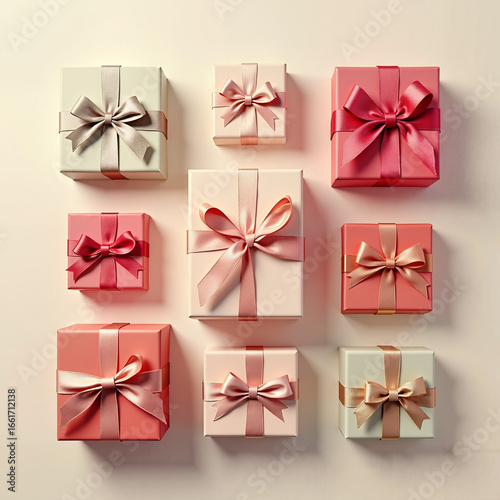 Decorative gift boxes arranged in various sizes and colors  