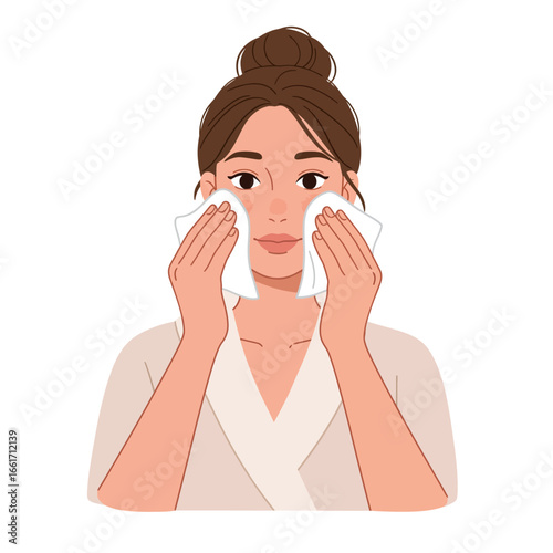This illustration features a young woman gently patting her face with soft cloths, showcasing her refreshing daily beauty and skincare routine for healthy, radiant skin.