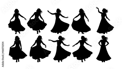 Dancing Silhouettes: A graceful collection of dancing figures in elegant gowns, captured in striking silhouettes. evoking a sense of movement, poise and aesthetic harmony.
