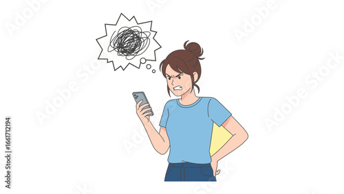 Frustration with technology: a young woman's angry face, conveying technology frustration