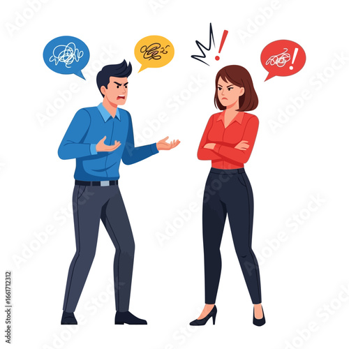 Conflict and Disagreement: Two figures are depicted in a heated argument, with expressions of anger and frustration.