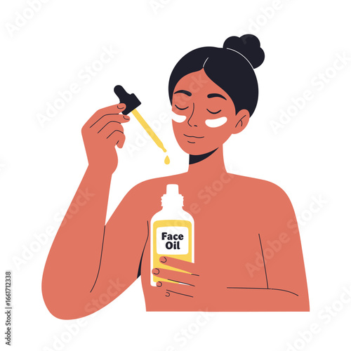 A young woman meticulously applies nourishing face oil with a dropper, enhancing her daily beauty routine and promoting a healthy, glowing complexion.