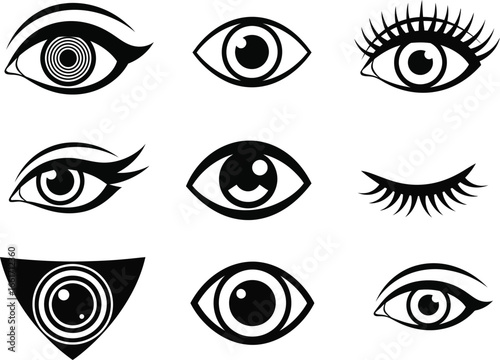 Collection of diverse eye icons representing vision and perception