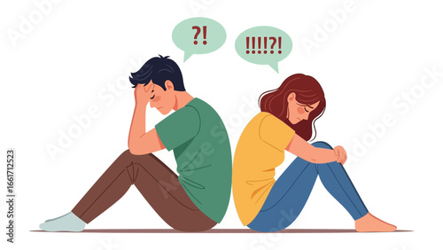 Communication Breakdown: Two individuals, immersed in thought, sit back-to-back, each bearing a speech bubble conveying confusion and frustration, symbolizing the complexities of miscommunication.