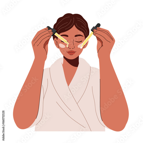 A woman applies nourishing serum to her face with two droppers, embracing a mindful daily skincare routine for radiant beauty and self-care.