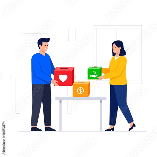 Compassionate Giving: Two individuals collaborate to place colorful donation boxes on a minimalist table, showcasing the essence of generosity and community support in a digitally crafted scene.
