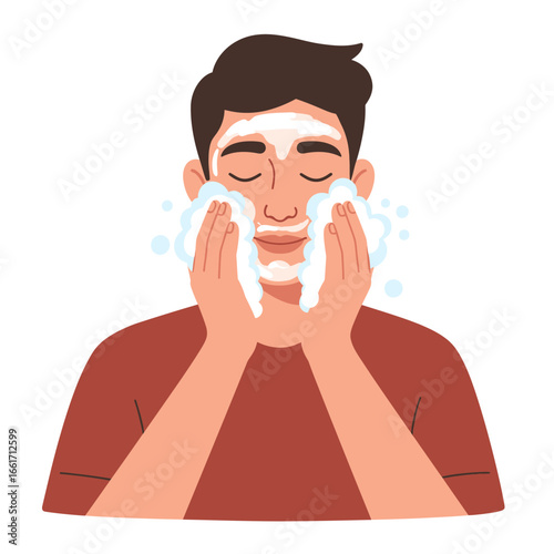 An illustration of a man carefully washing his face with cleansing foam, emphasizing a refreshing and essential step in his daily hygiene routine.