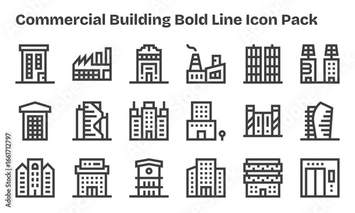 18 Commercial Building Icons in Bold Line Aesthetic