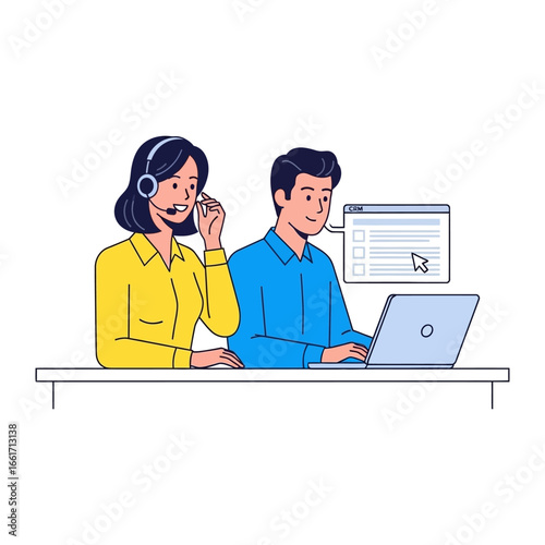 Customer Support Harmony: An illustrative look into a customer support scenario, where two dedicated professionals, wearing headsets.