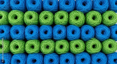 organized balls of green and blue yarn, background pattern, knitting and crafting graphic