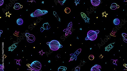 Space themed repeating pattern with neon outlines on a black background